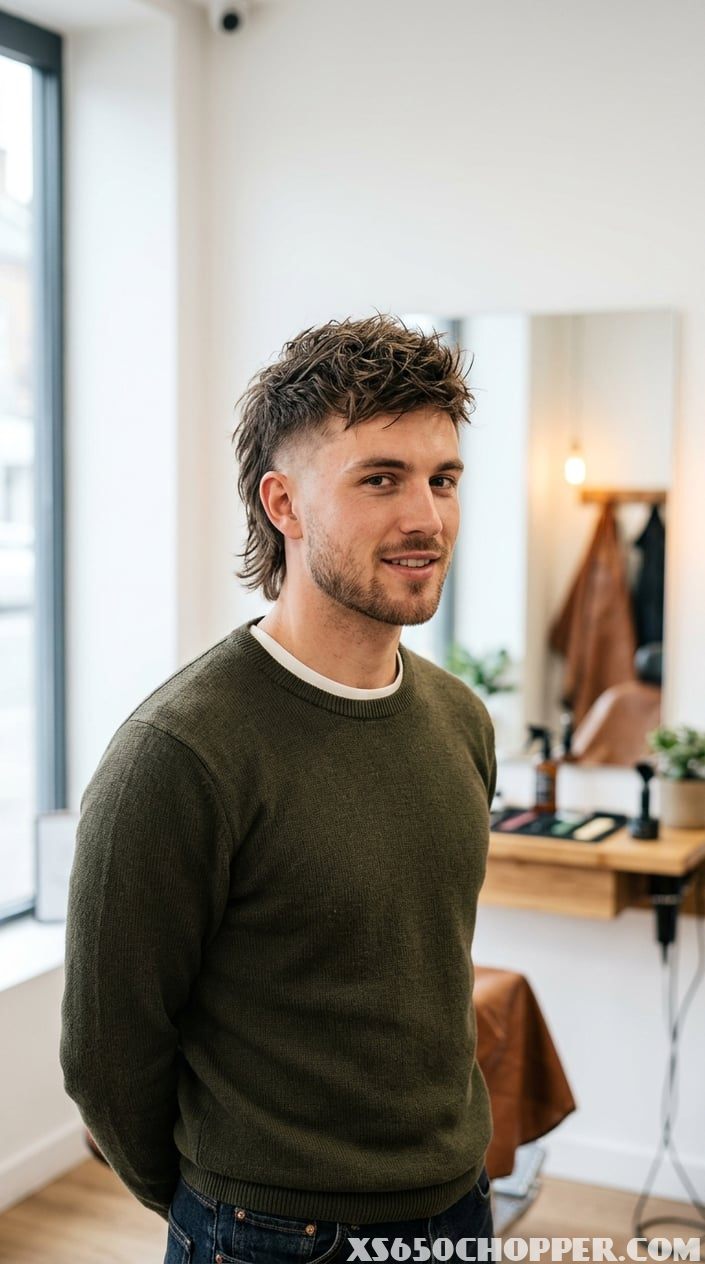 Young man with styled hair in a well-lit barbershop environment.