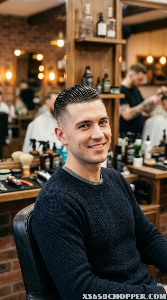 A young man with a neatly styled haircut sitting in a barbershop.