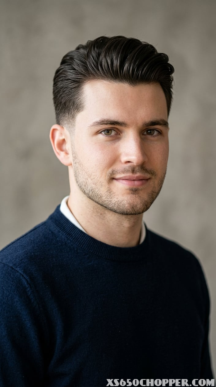 Portrait of a young man with a neat haircut wearing a smart casual outfit against a plain background.
