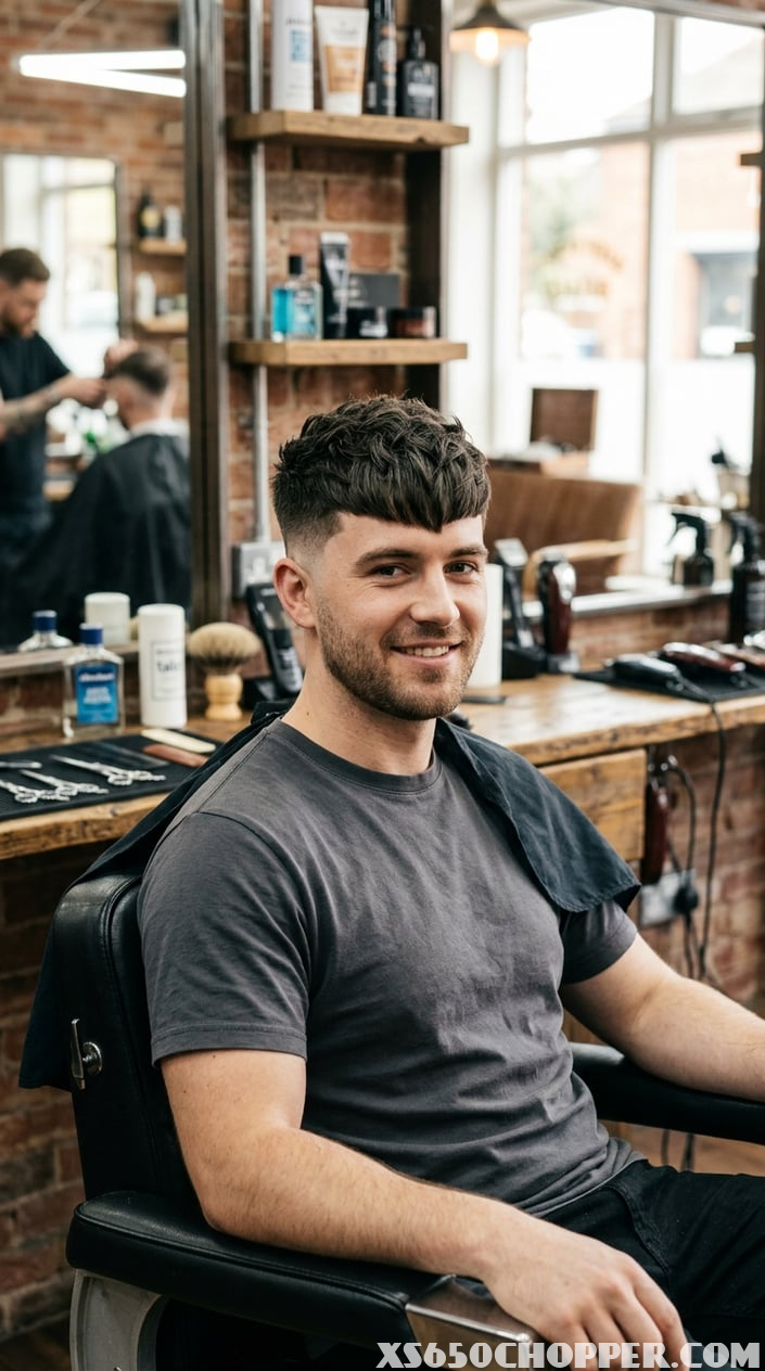 A young man sitting in a barber chair with a modern haircut in a bright, clean barber shop.