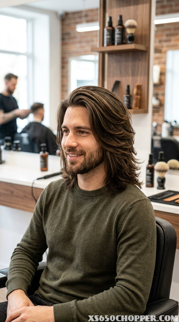 A man sitting in a barber chair showing a long layered haircut in a modern barbershop.