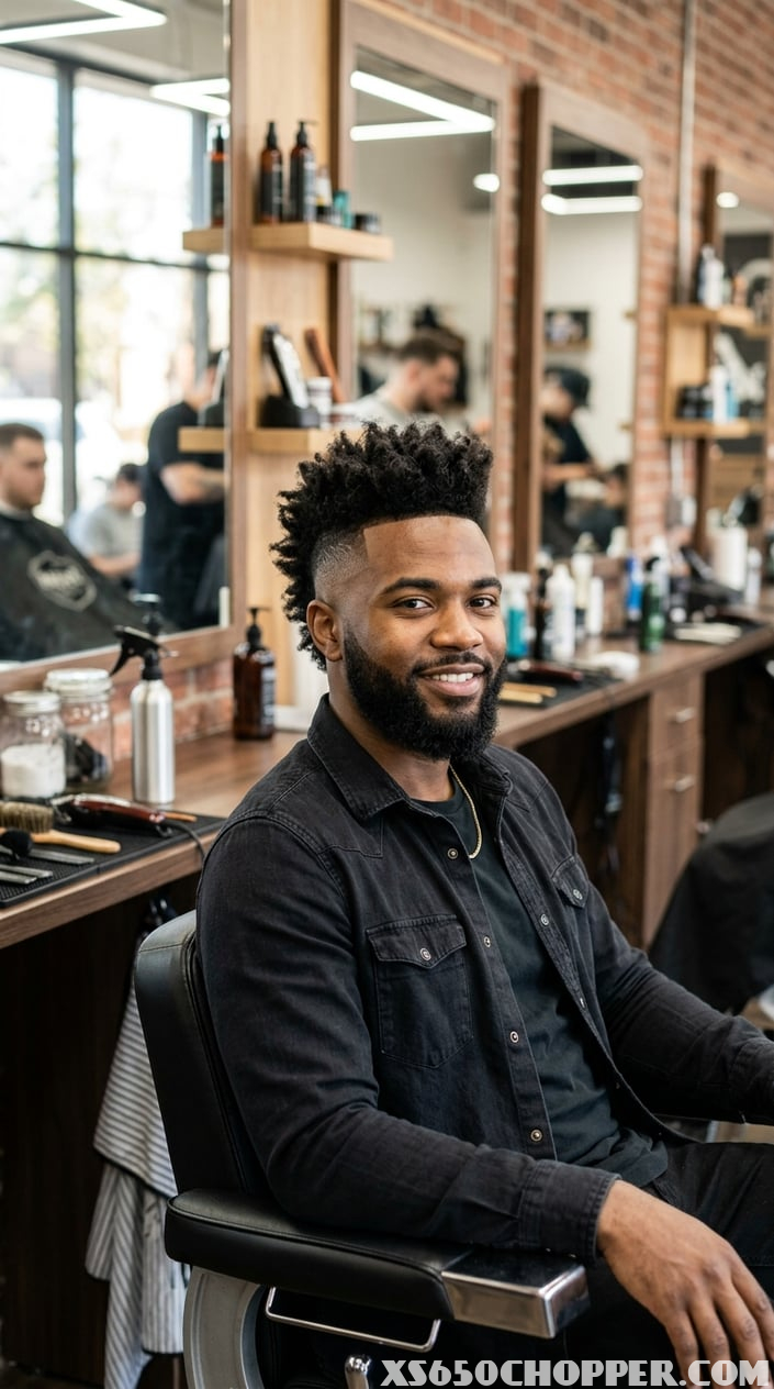 A young man sitting in a barber chair inside a modern barber shop, looking confident and well-groomed.