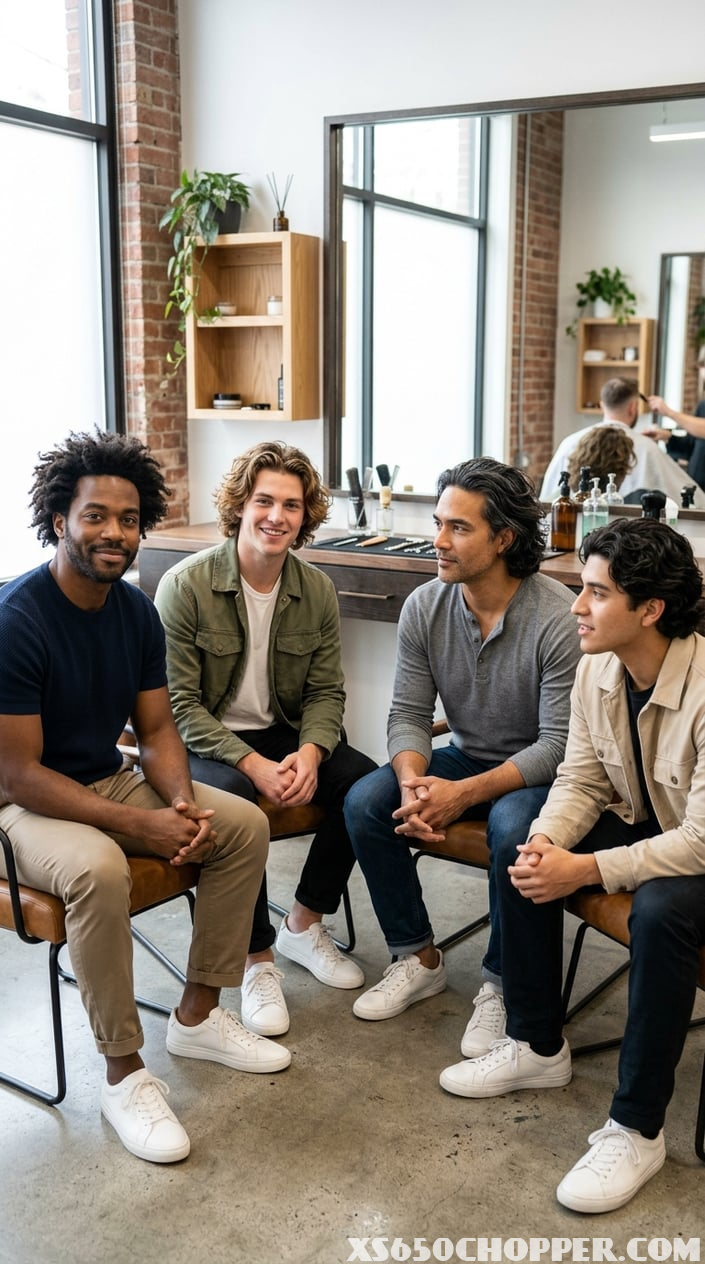 A group of men with medium-length natural flowing hairstyles in a bright barbershop, showcasing different haircut variations.