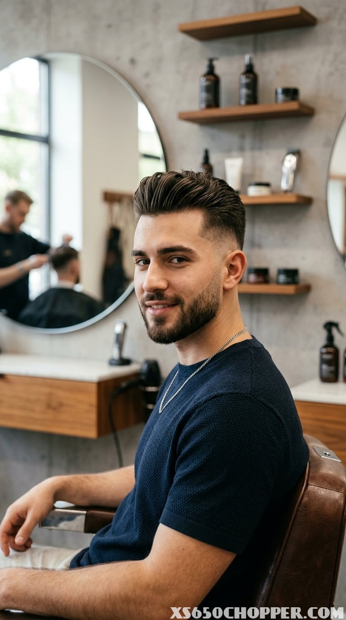 A young man with a modern short haircut posing in a barbershop with a clean and stylish interior.