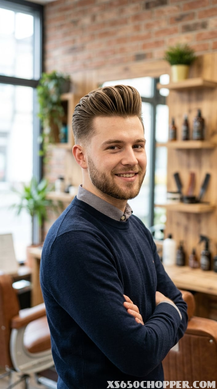 A young man with neatly styled hair and tapered sides, wearing a modern outfit, standing against a neutral background.