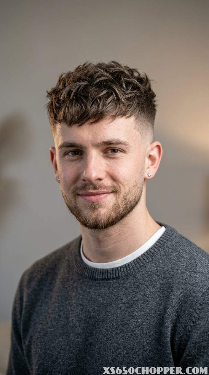 A young man with short textured hair and a low fade looking confidently at the camera in a studio setting.