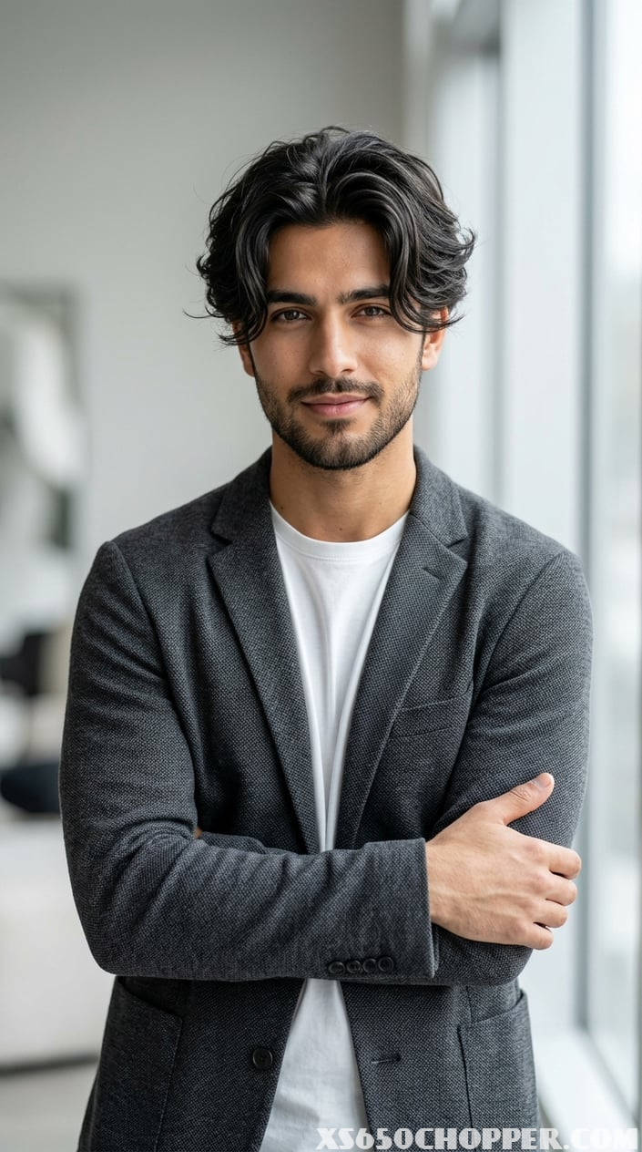 A young man with parted bangs hairstyle looking confidently at the camera against a plain background.