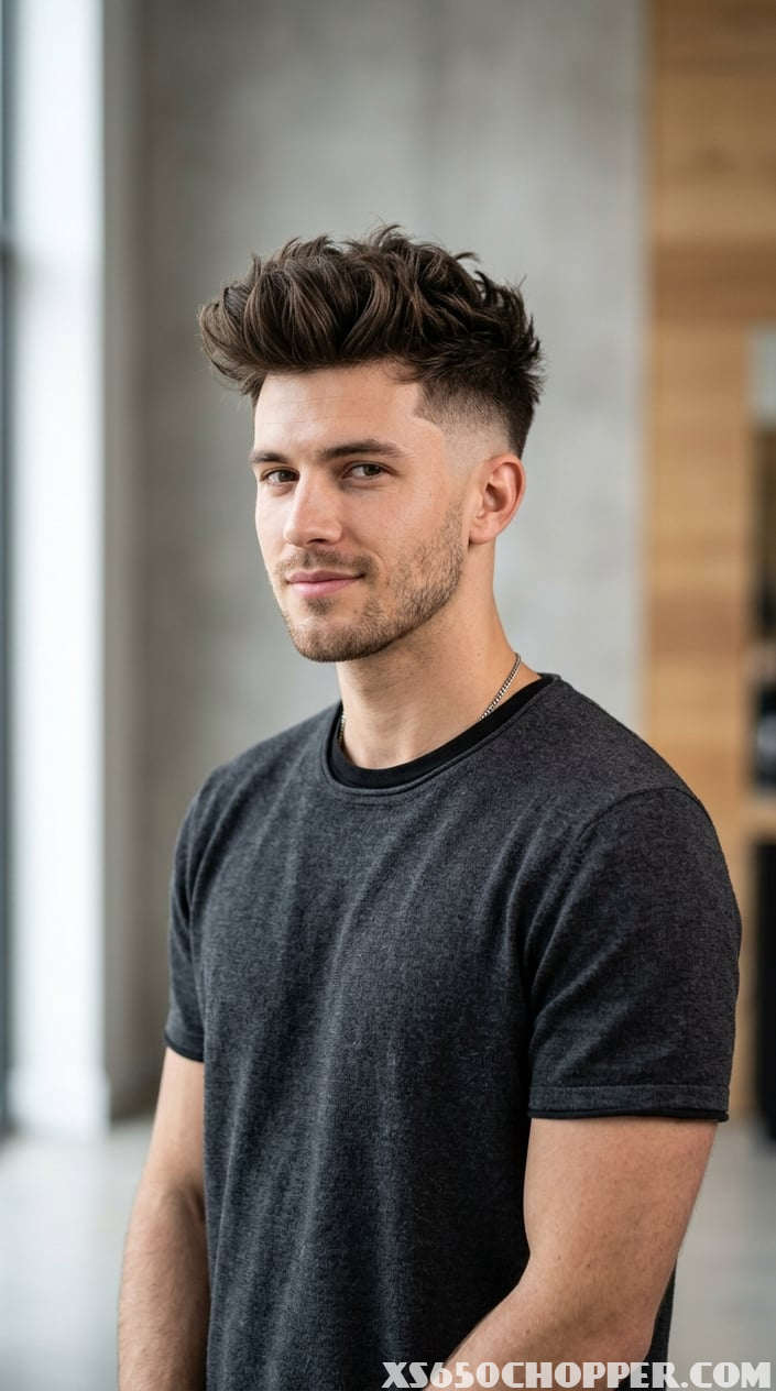 Young man with short sides and thick hair styled upwards on top, looking confidently in a studio setting.