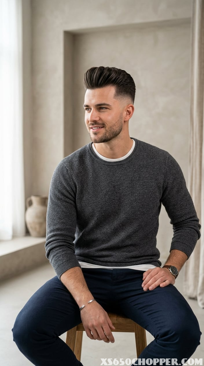 Young man with a short fade haircut and styled top, looking confidently in a studio setting.