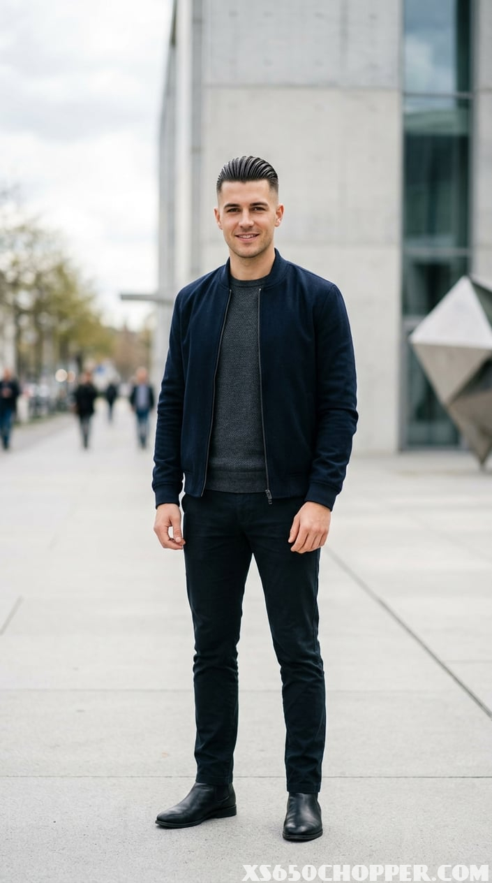 A young man with slicked-back hair and tapered sides standing outdoors in a bright urban environment.