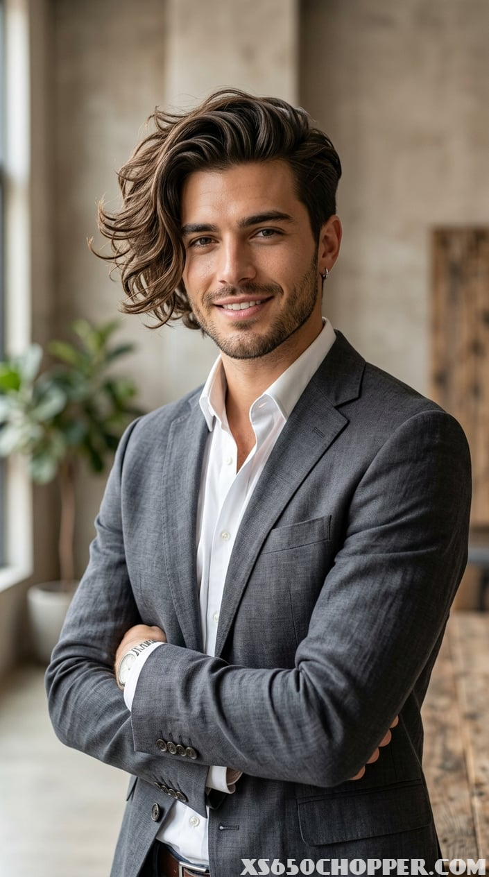 Young man with a stylish asymmetrical haircut wearing a blazer, standing against a plain background.