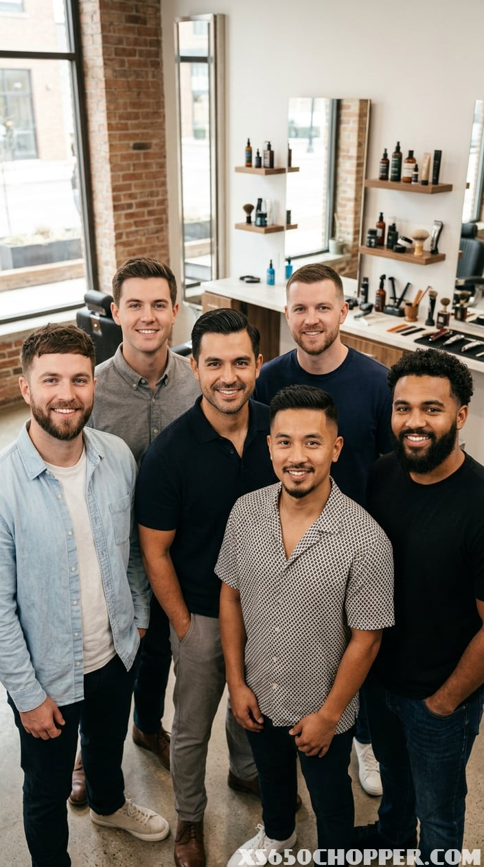 Six men with different short hairstyles pose together in a bright barbershop.