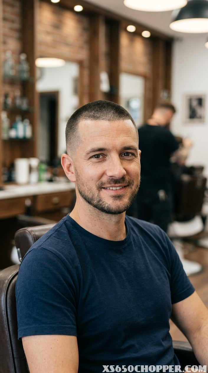 A man with a short buzz cut standing in a barbershop.