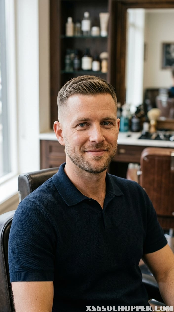 A man with a neatly trimmed classic crew cut standing in a barbershop.