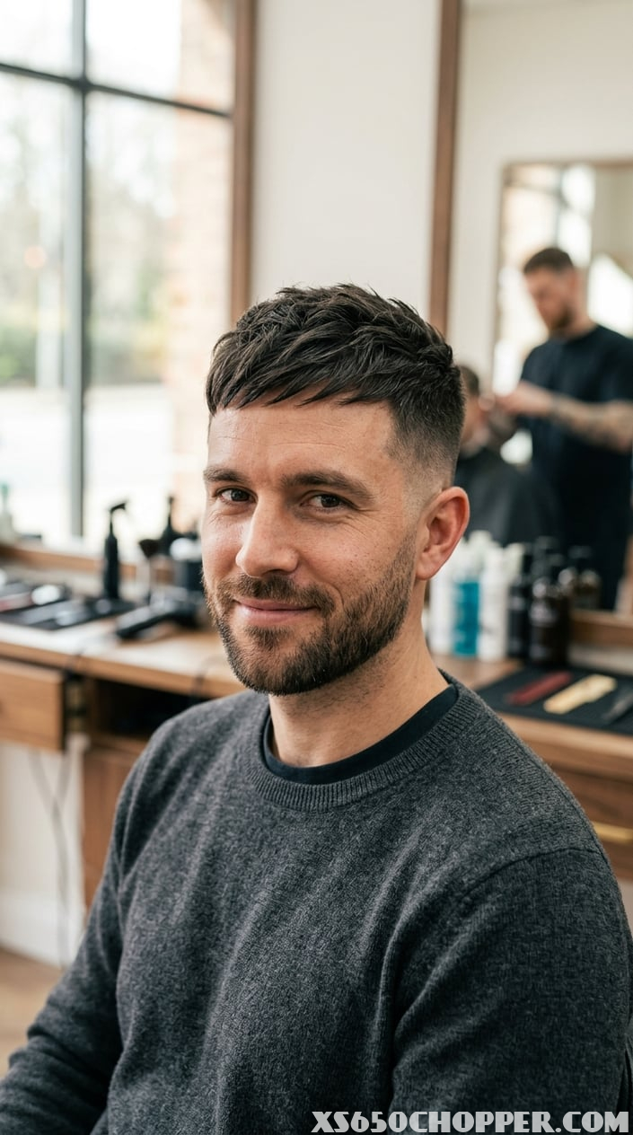A man with a short textured crop haircut poses in a modern barbershop.