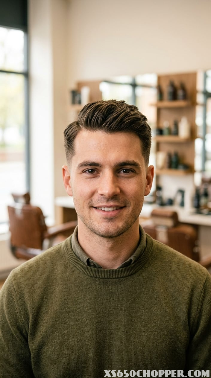 A young man with a neatly styled short haircut sits in a modern barbershop.