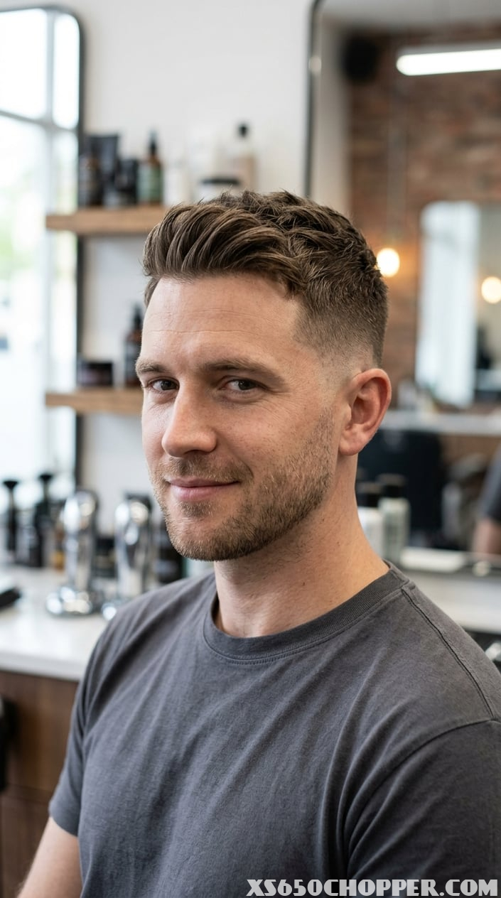 A man with a short taper fade haircut standing in a bright barbershop.