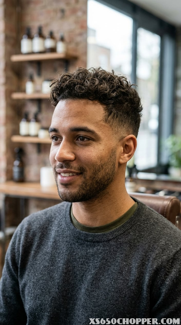 A young man with a low fade haircut and tousled hair on top poses in a modern interior.