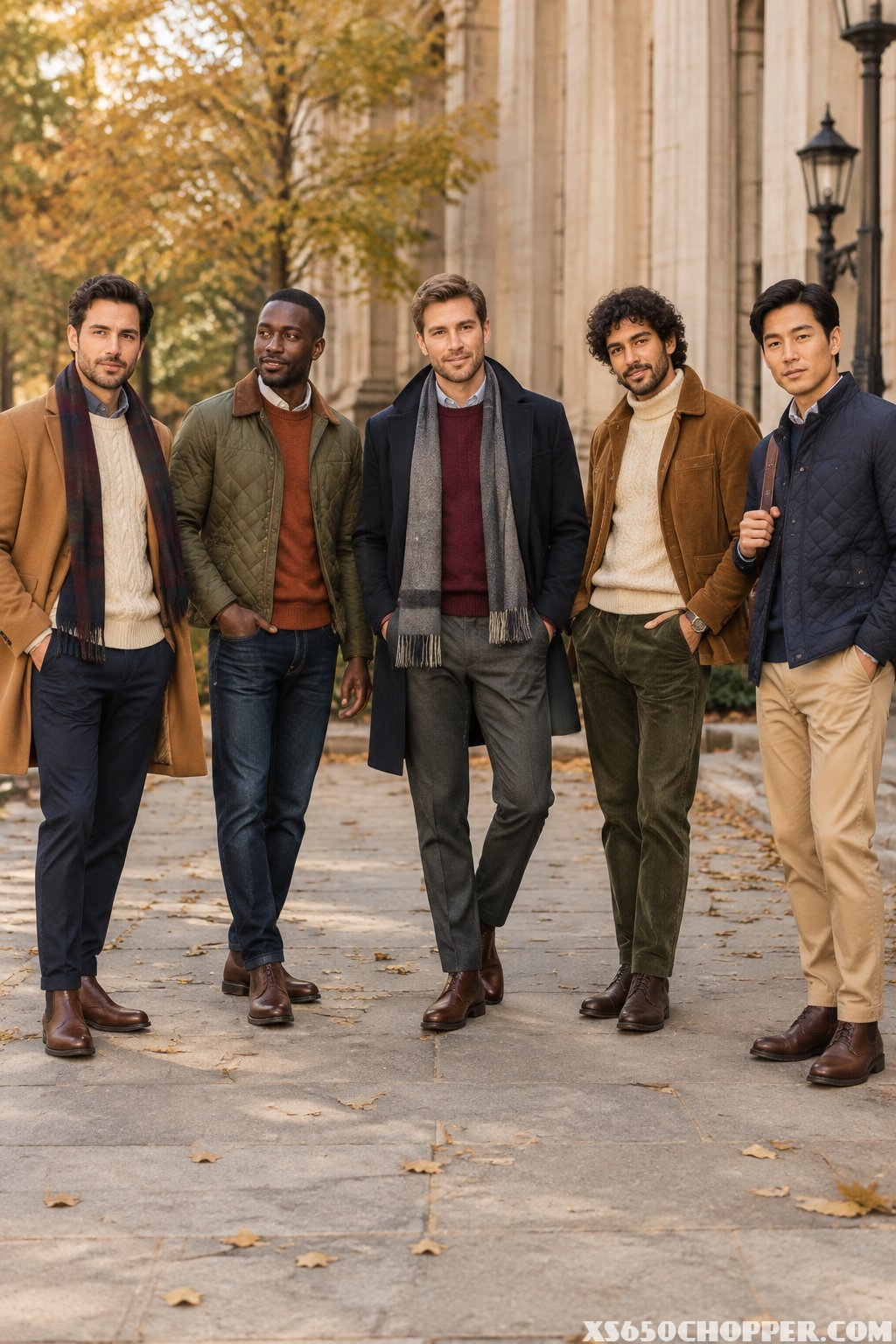 Five men wearing stylish autumn outfits stand together on a tree-lined urban street.