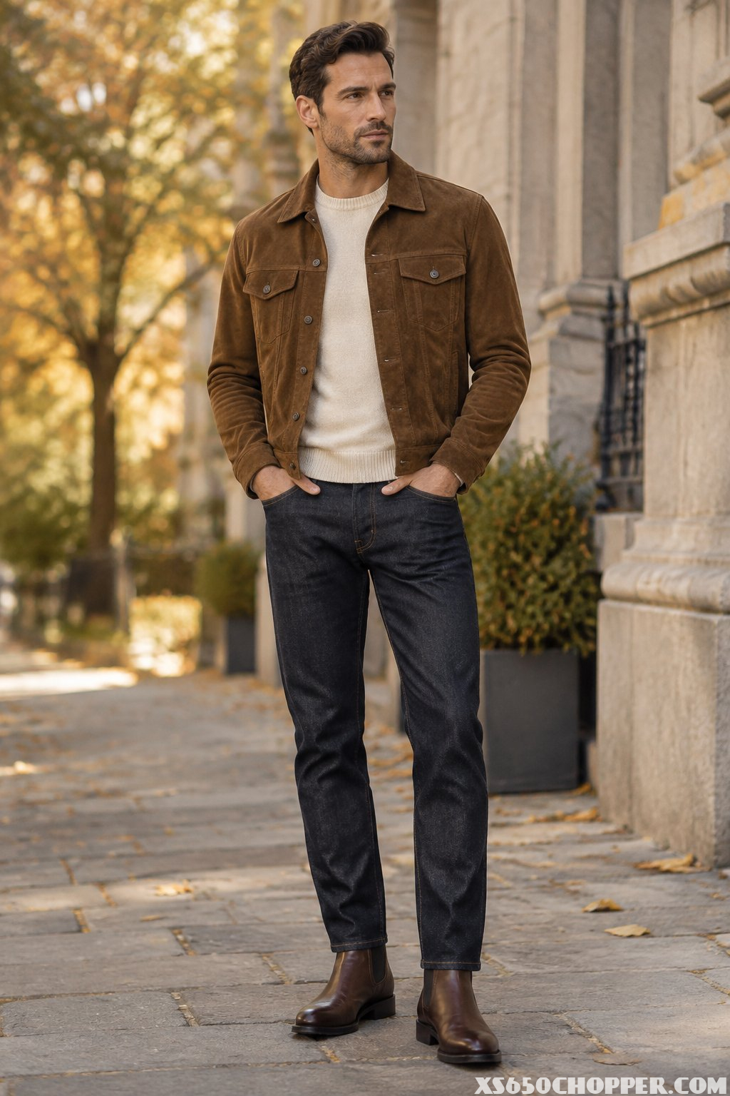 A man wearing a brown jacket, cream sweater, dark jeans, and brown Chelsea boots stands outdoors in an autumn setting.