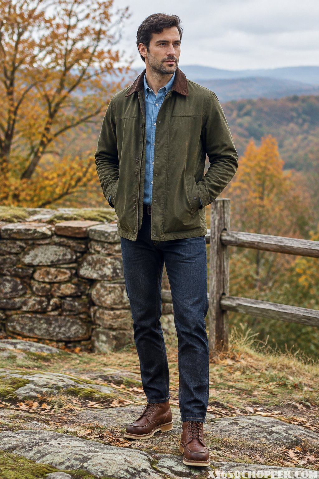 A man stands outdoors in autumn wearing an olive jacket, blue shirt, dark jeans, and brown boots.