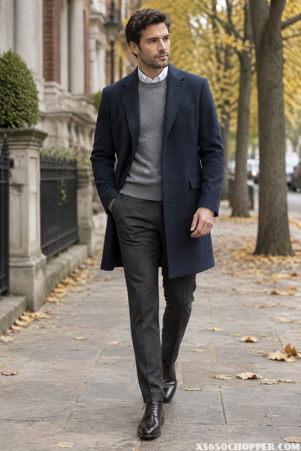 A man wearing a navy coat, grey sweater, white shirt, and dark trousers walks along an autumn city street.