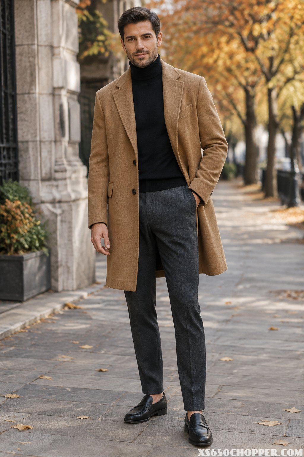A man wearing a camel overcoat, black turtleneck, charcoal trousers, and black leather loafers on an autumn city sidewalk.