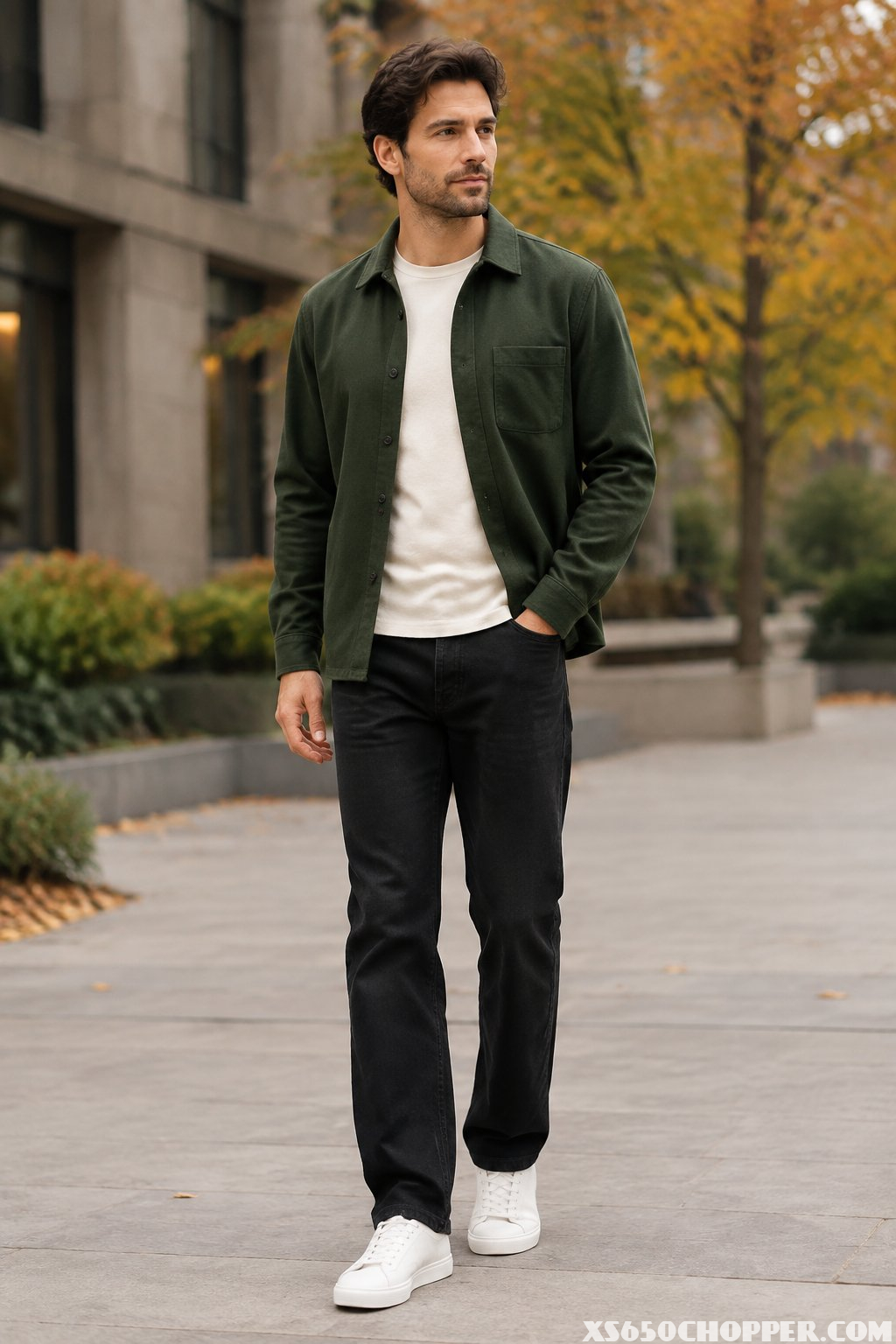 A man wearing a dark green overshirt, ecru T-shirt, black jeans, and white sneakers outdoors in fall.