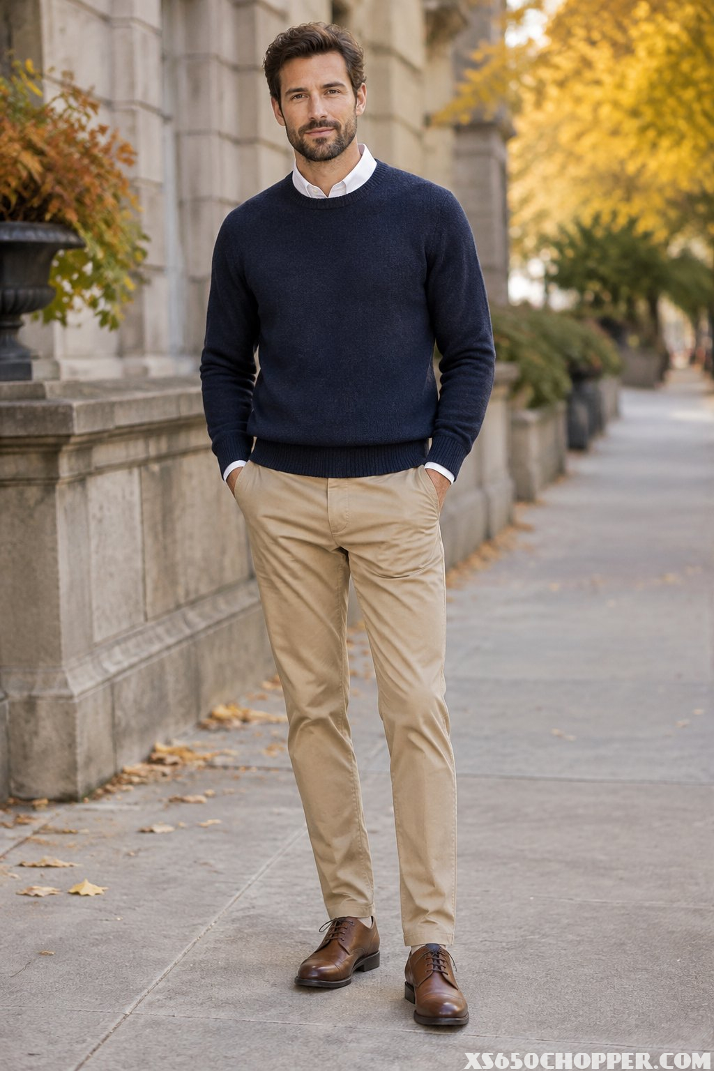 A man wearing a navy sweater, white shirt, khaki chinos, and brown derby shoes outdoors in an autumn setting.