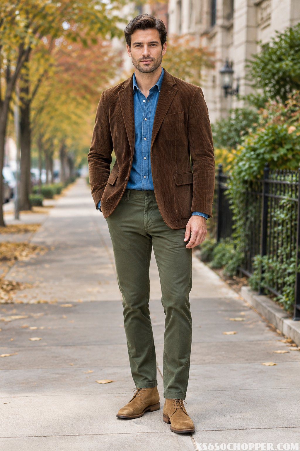 A man in a brown blazer, blue shirt, olive trousers, and tan boots standing on an autumn sidewalk.