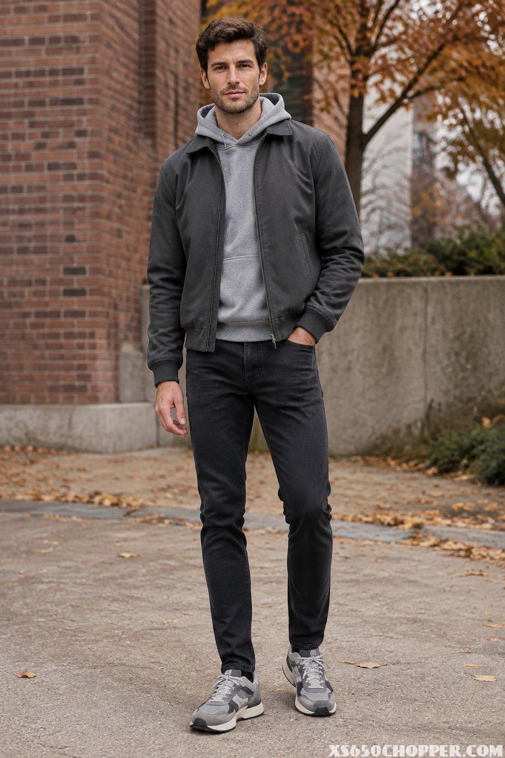 A man wearing a charcoal jacket, grey hoodie, black jeans, and retro sneakers outdoors in autumn.