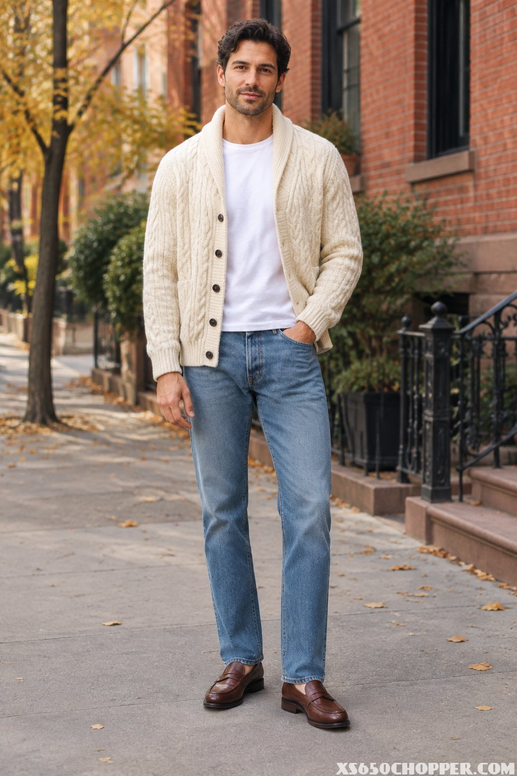 A man wears a cream cable-knit cardigan, white T-shirt, faded blue jeans, and brown penny loafers on an autumn sidewalk.