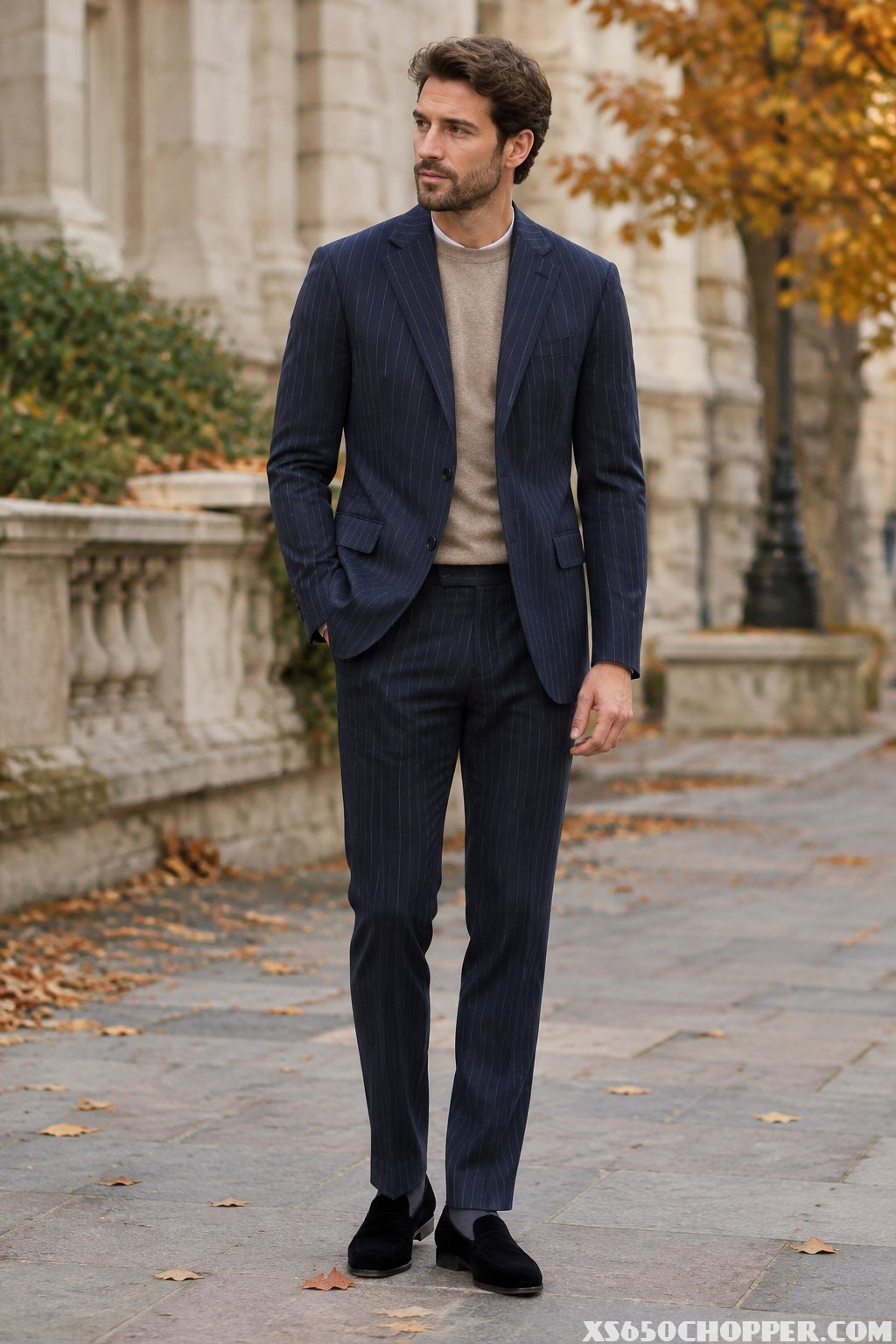 A man wearing a navy pinstriped suit, a fine-knit sweater, and black suede loafers in an autumn setting.