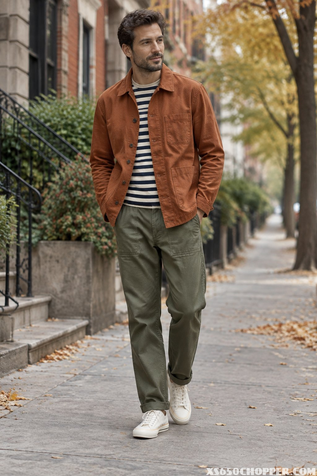 A man wearing a rust chore coat, striped shirt, olive pants, and canvas sneakers stands outdoors in an autumn setting.