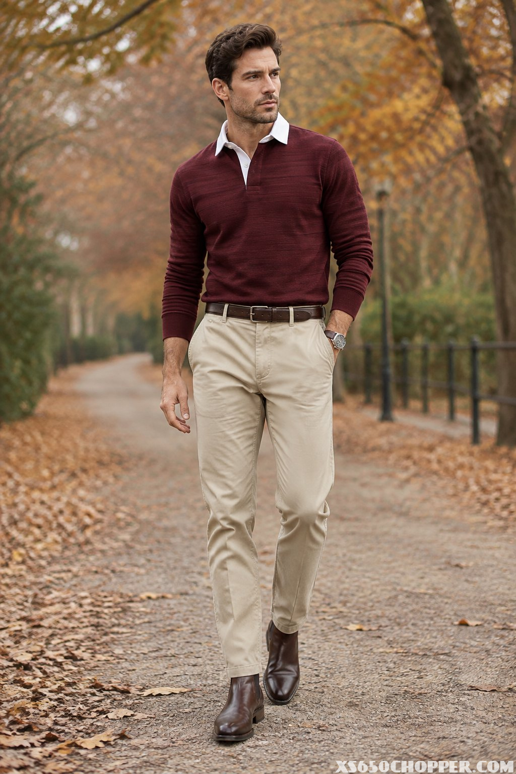A man wearing a burgundy rugby shirt, stone chinos, and brown leather boots outdoors in autumn.