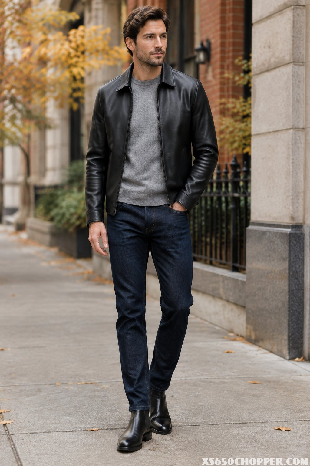 Man wearing a black leather jacket, gray sweater, dark jeans, and black Chelsea boots on an autumn city street.