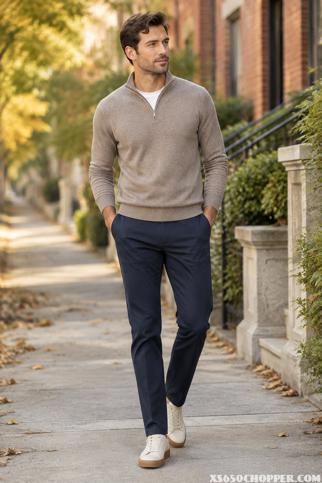 A man wears a taupe quarter-zip sweater, white T-shirt, navy chinos, and gum-sole sneakers outdoors in autumn.