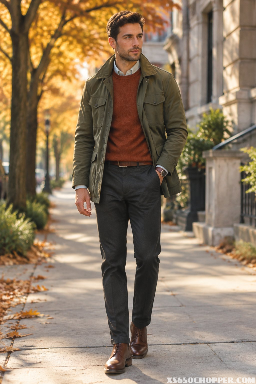 A man wearing coordinated fall layers stands on a tree-lined urban sidewalk.