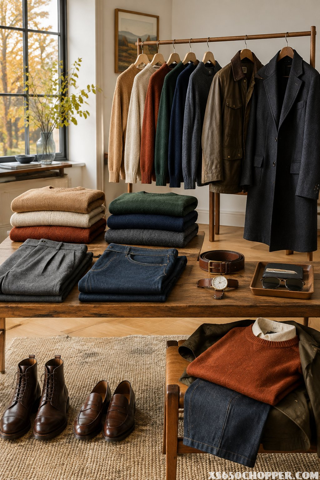 A coordinated collection of men's fall clothing, including sweaters, jackets, trousers, boots, and accessories, arranged in a bright dressing room.