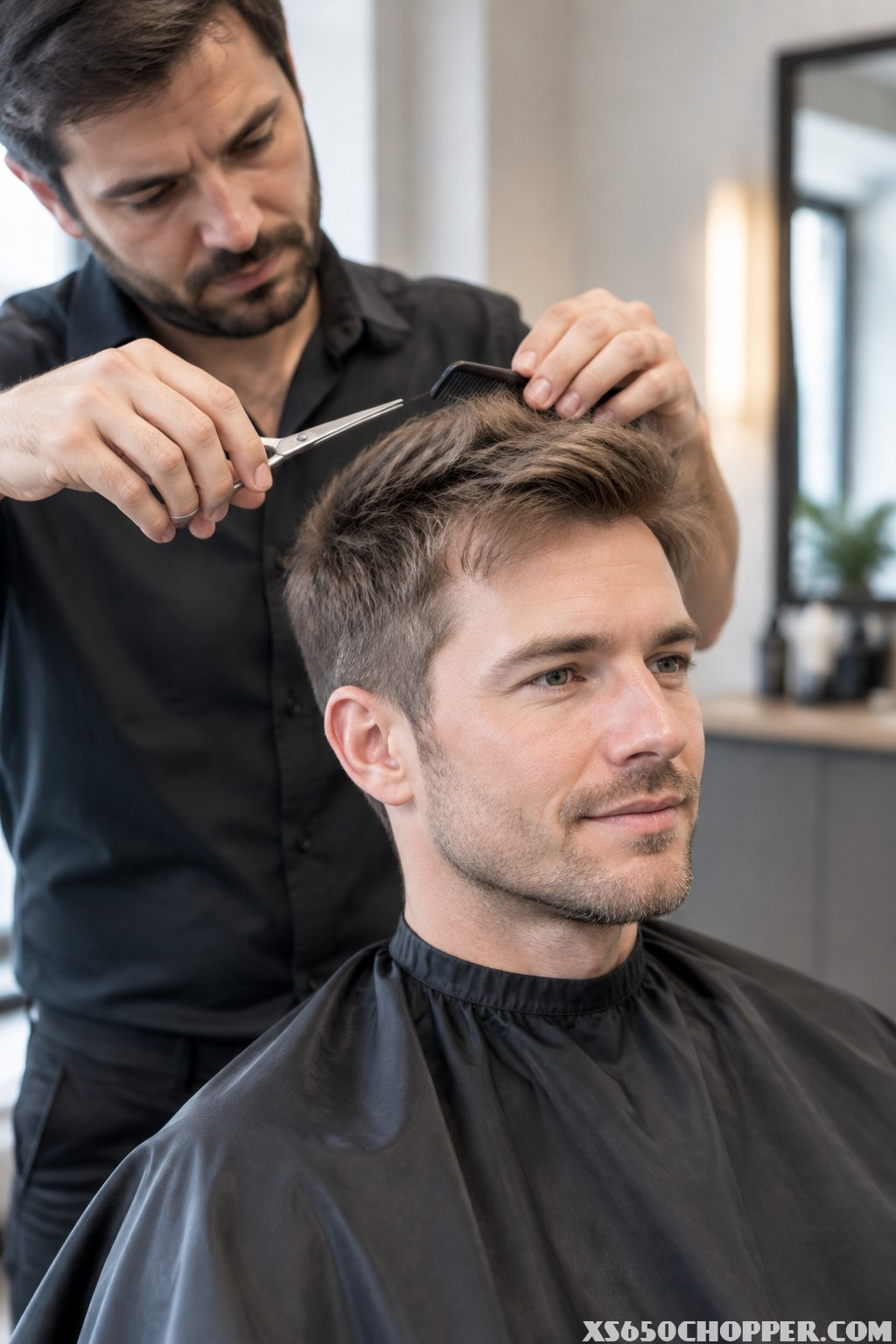A man with fine hair receives a layered haircut from a barber in a bright modern barbershop.
