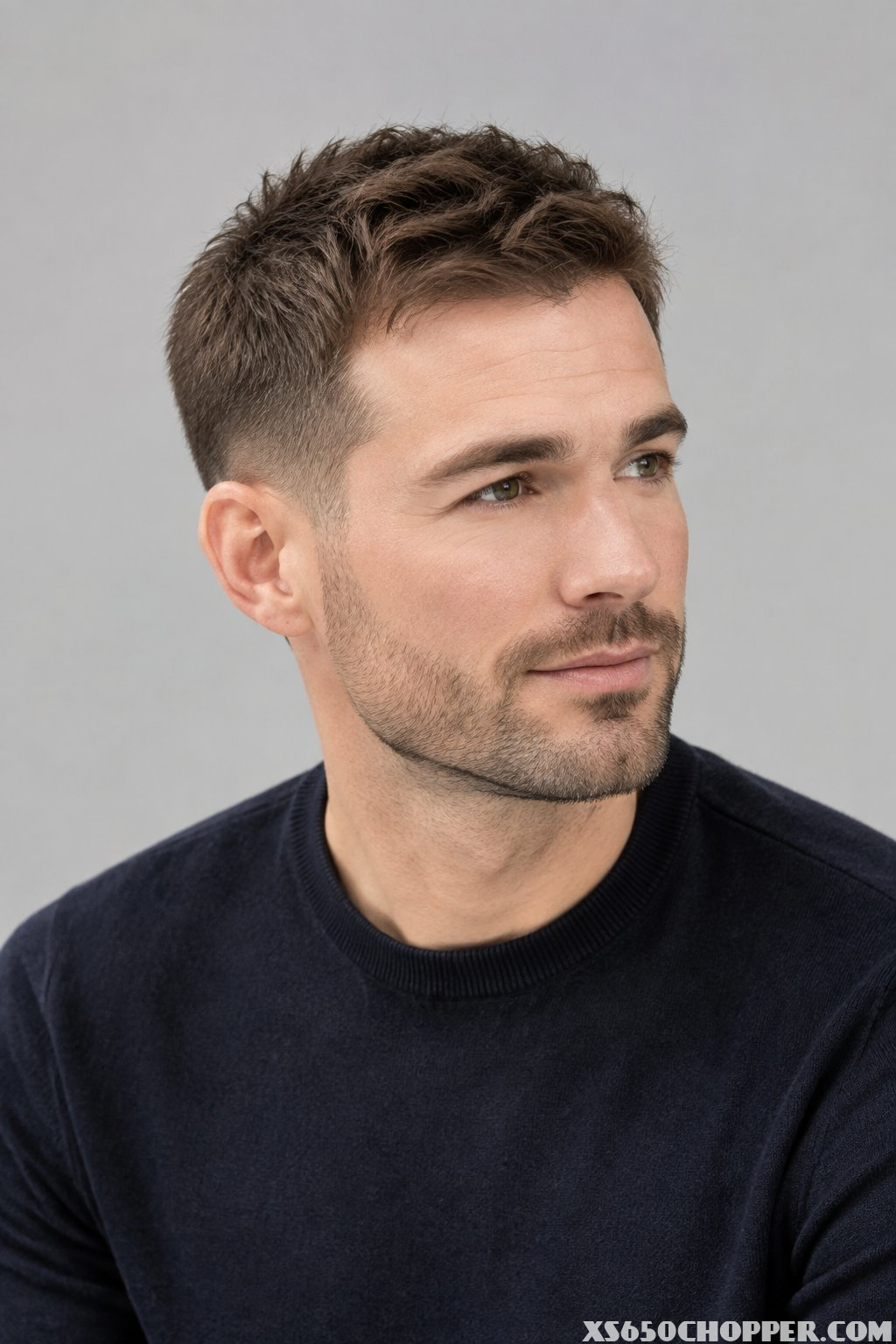 A man with a short textured crop and low tapered sides poses against a plain background.