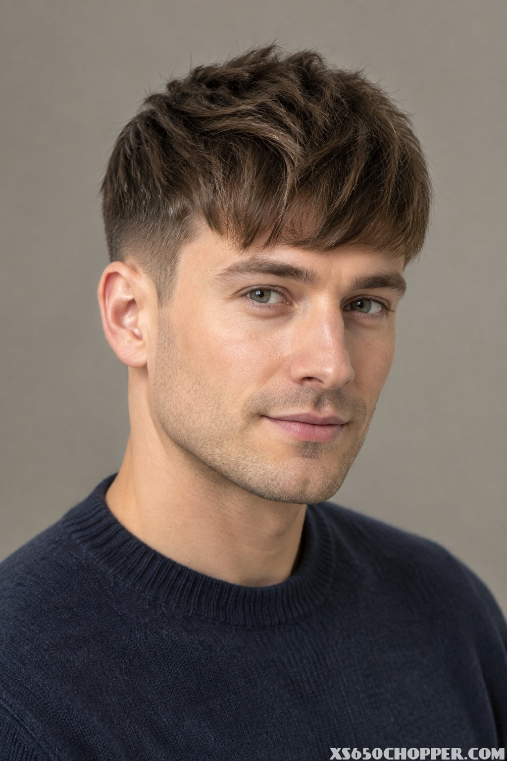 A man with fine hair wearing a short French crop haircut with a forward fringe.