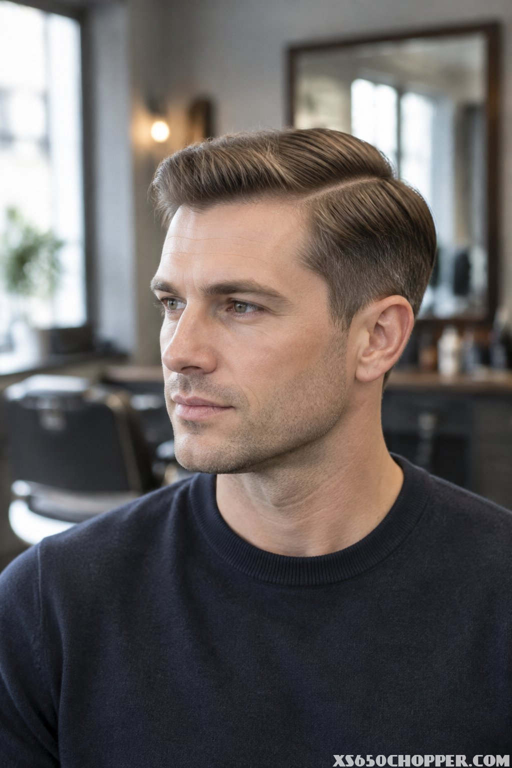 A man with fine hair wearing a neatly styled Ivy League side-part haircut in a barbershop.