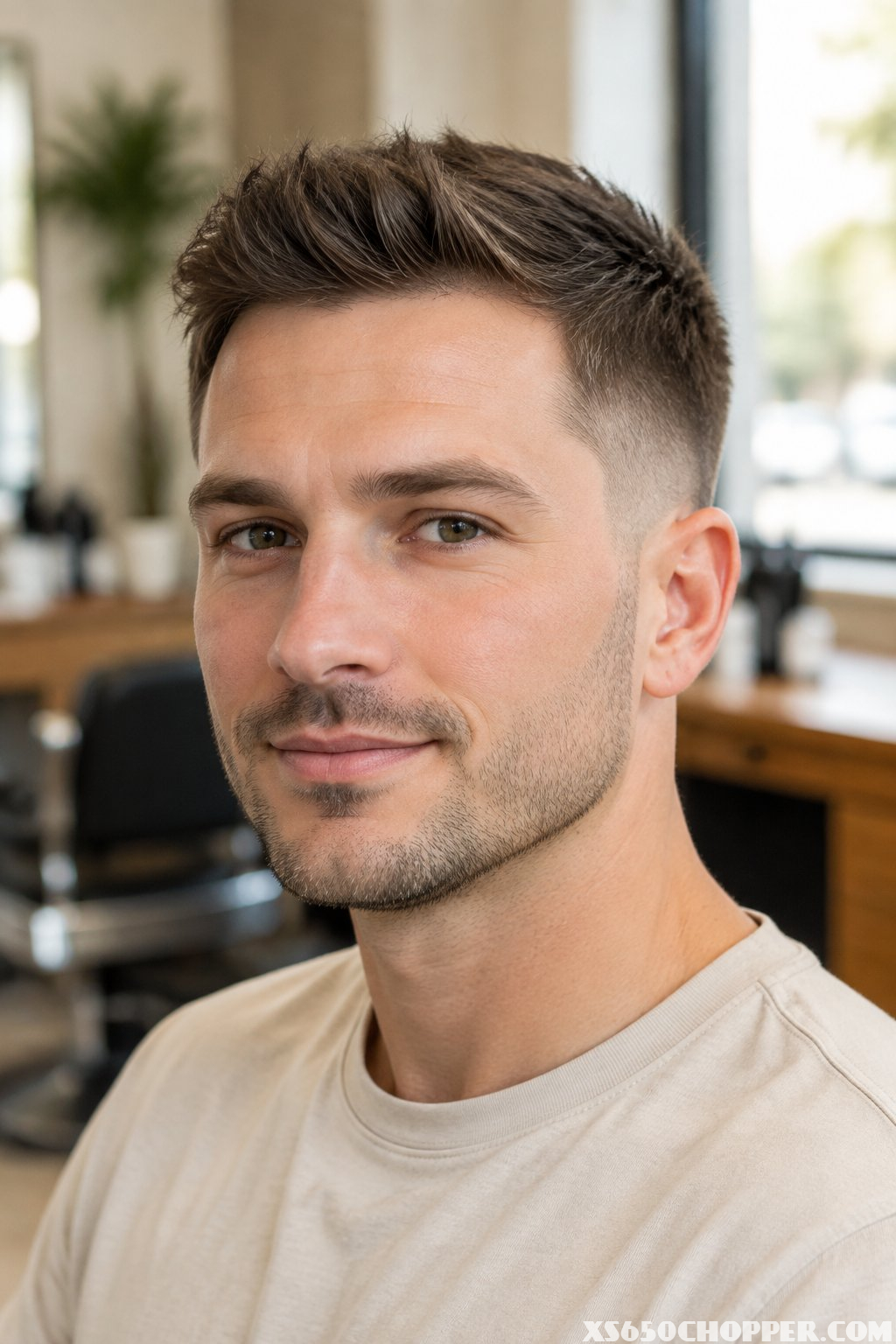 A man with fine hair styled in a short quiff and mid fade stands in a barbershop.
