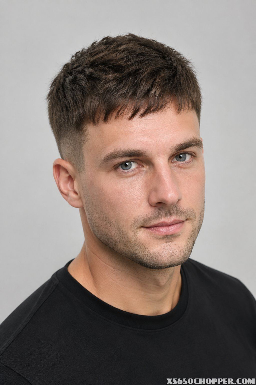 A man with a short Caesar haircut and choppy fringe poses against a plain background.