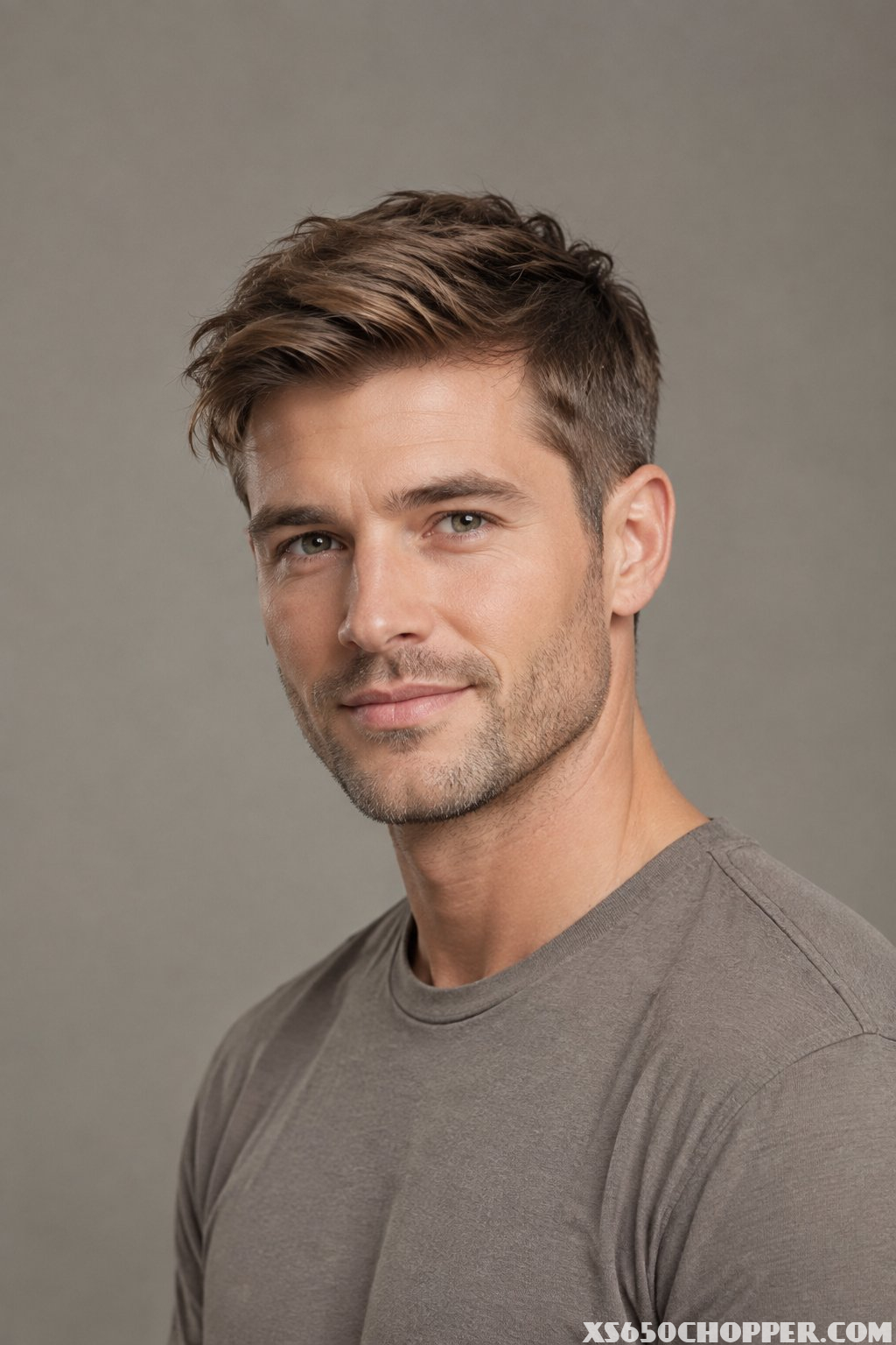 A man with fine hair styled in a textured side-swept crop poses against a neutral background.