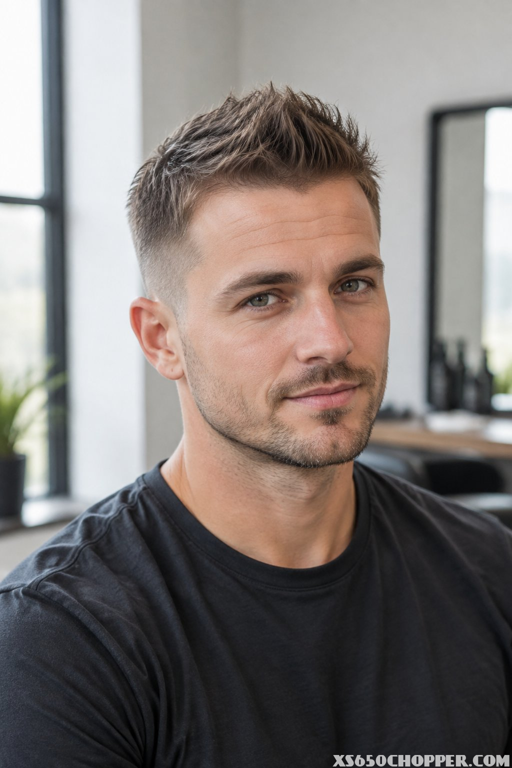 A man with fine hair wears a textured faux hawk with tapered sides.