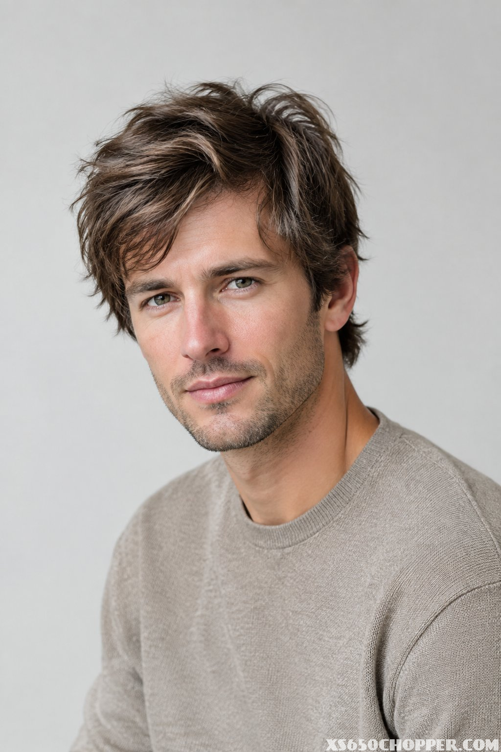 A man with fine hair wearing a messy layered medium crop haircut.
