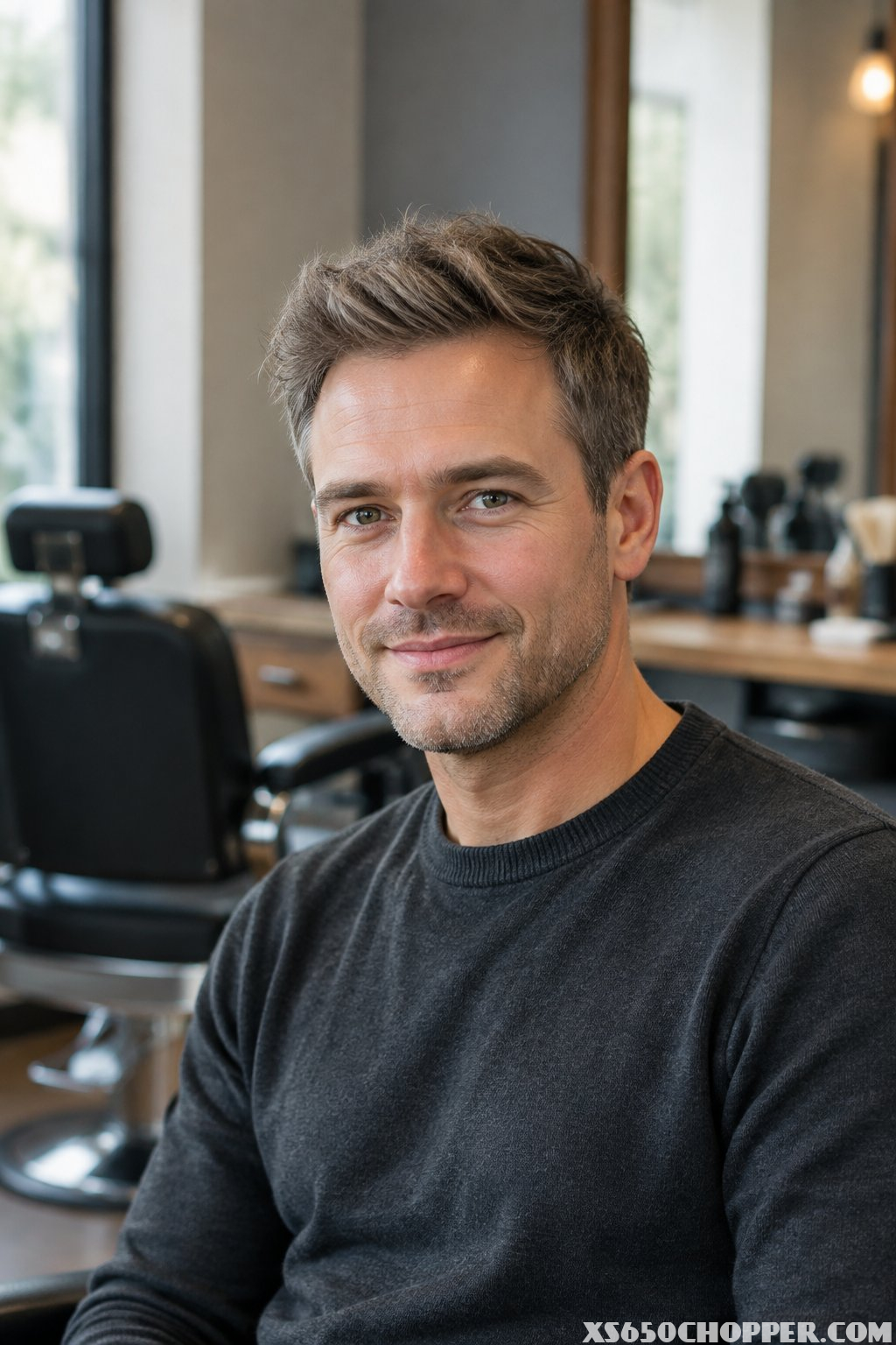 A confident man with fine hair wearing a textured modern haircut in a contemporary barbershop.