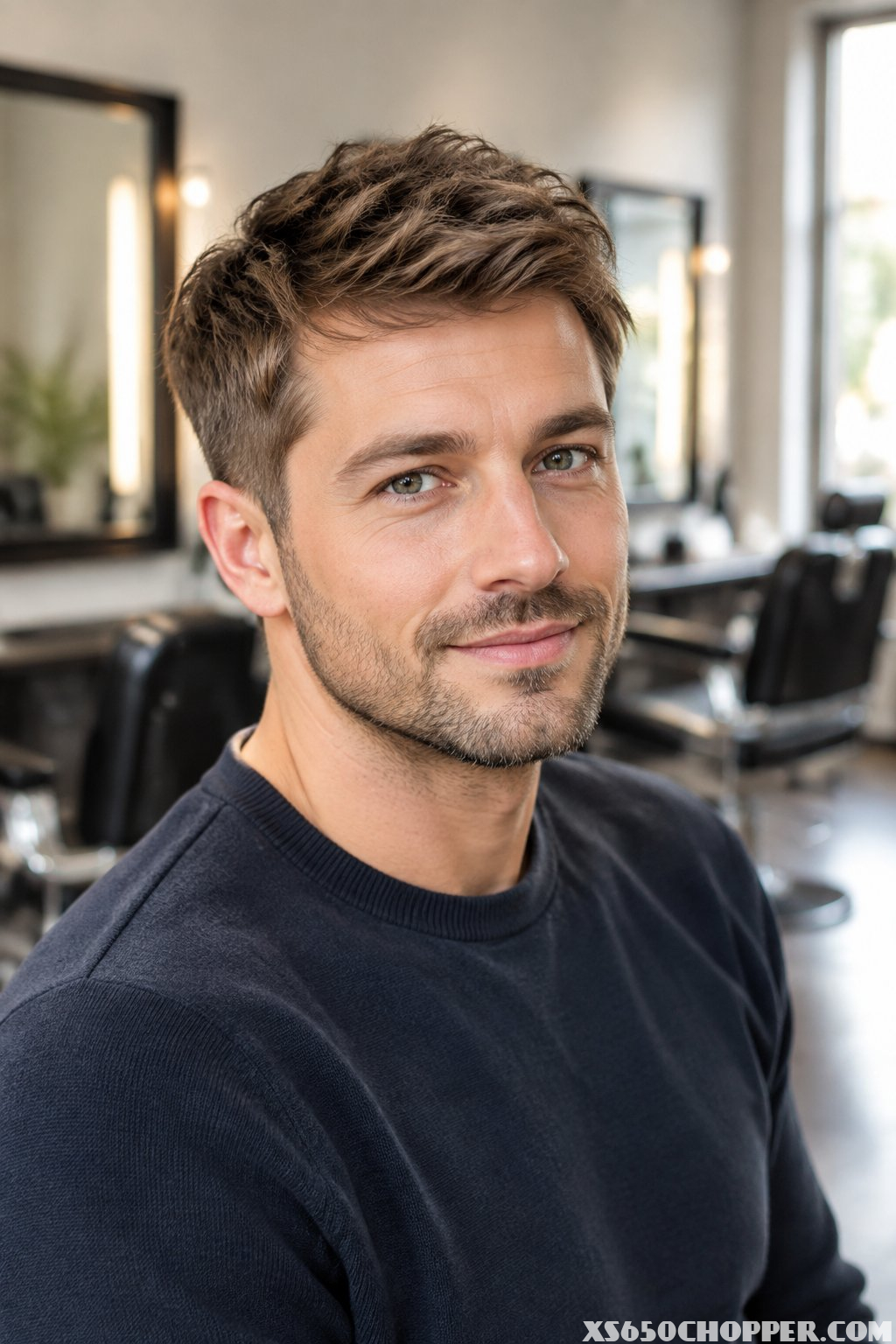 A man with fine hair wearing a modern textured haircut in a bright barbershop.